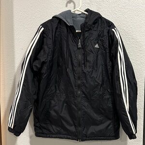 adidas Black Hooded Coat with White Sleeve Stripes